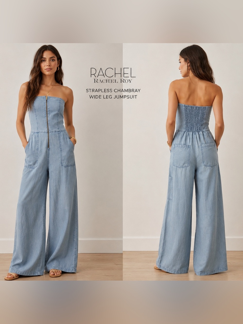 Rachel Roy Strapless Chambray Wide Leg Jumpsuit